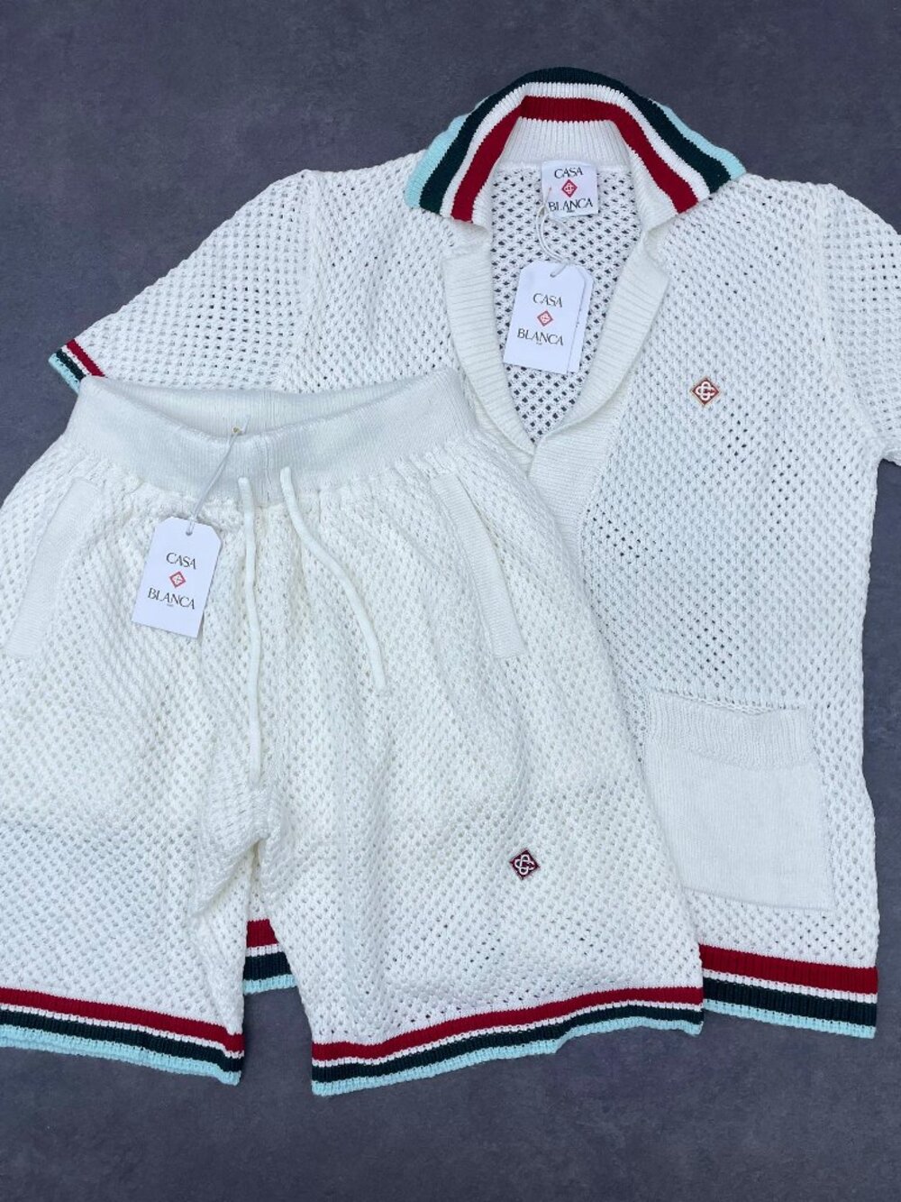 Casablanca Men's White Knit Shirt & Shorts Set- Size Medium - Picture 4 of 11
